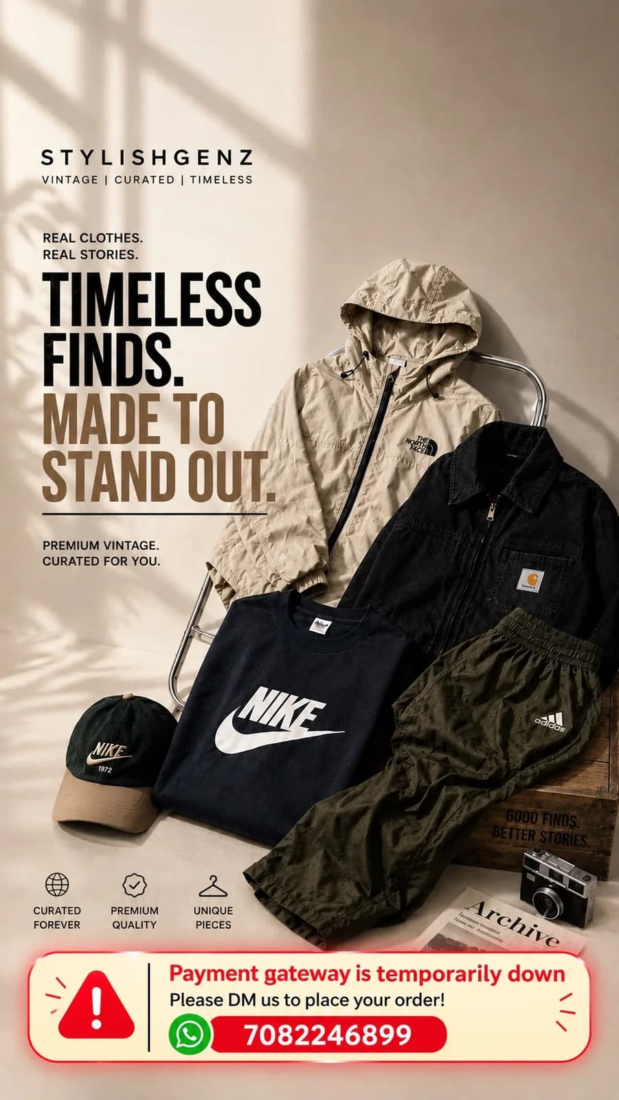 StylishGenZ vintage lookbook — a North Face shell, Carhartt jacket, Nike tee, Adidas track pants and a Nike cap arranged on a studio floor