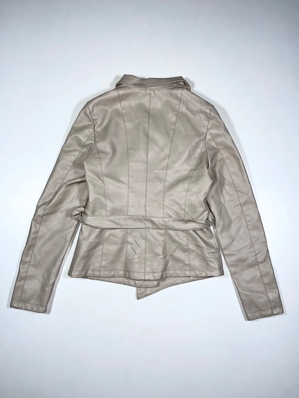 MOKI Women’s Belted Faux Leather Jacket – Cream Asymmetric Zip Moto Style — photo 4