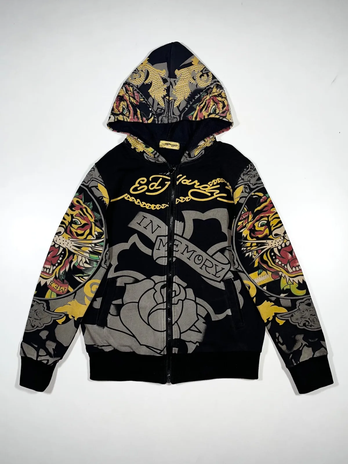 Vintage Y2K Ed Hardy By Christian Audiger Rine Stone Tiger Zip-Up Hooded Jacket