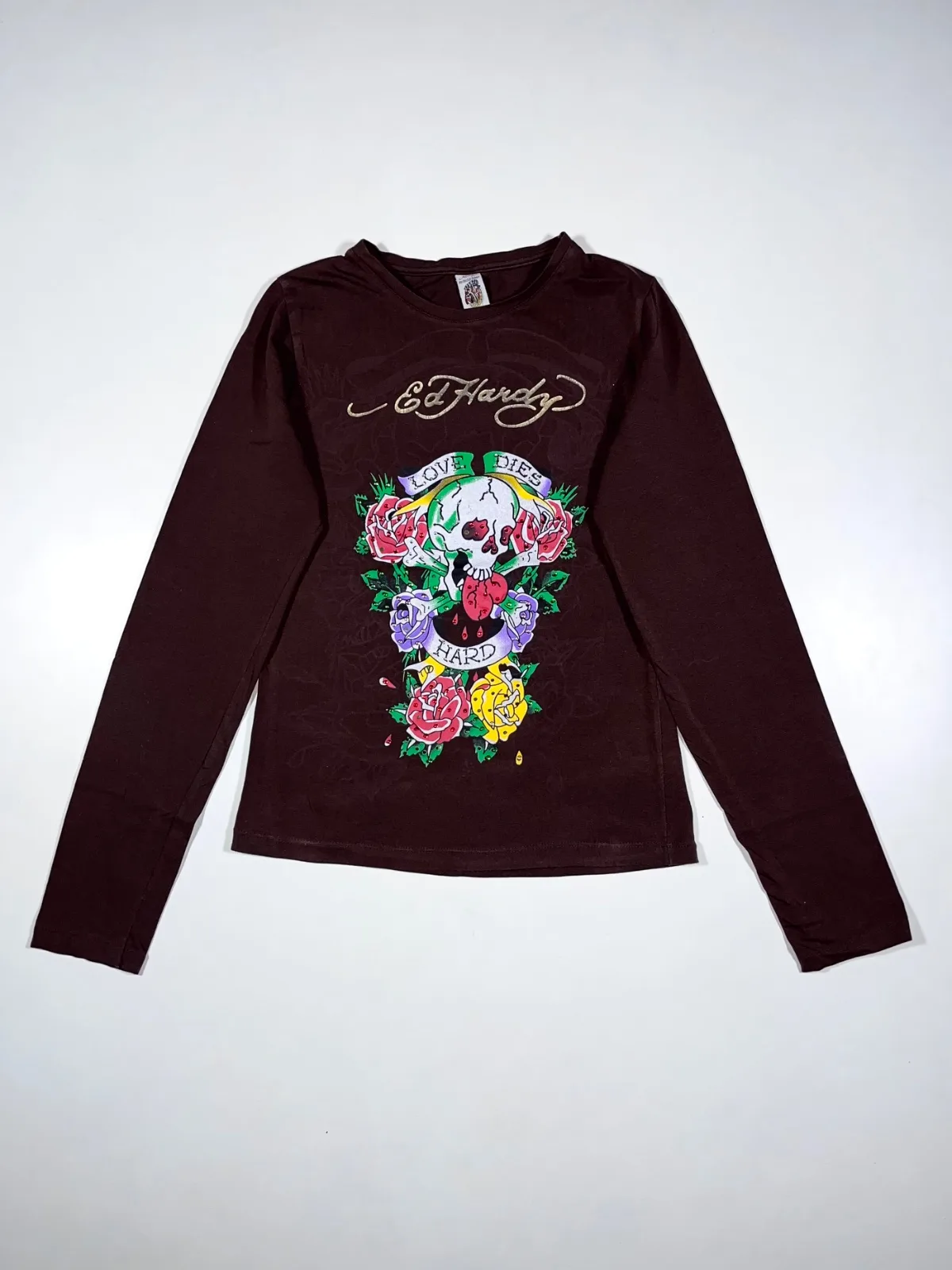 Vintage Ed Hardy by Christian Audigier “Love Dies Hard” Skull & Roses Long Sleeve T-Shirt