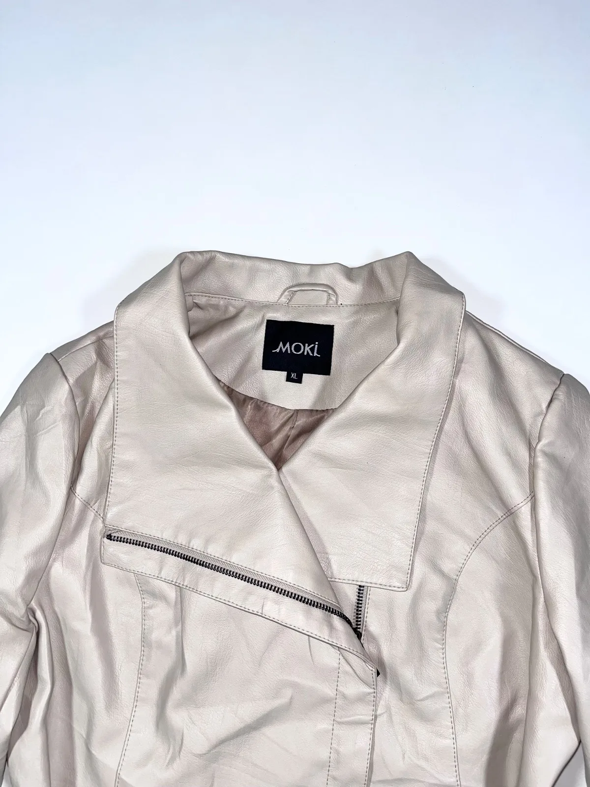 MOKI Women’s Belted Faux Leather Jacket – Cream Asymmetric Zip Moto Style — photo 2