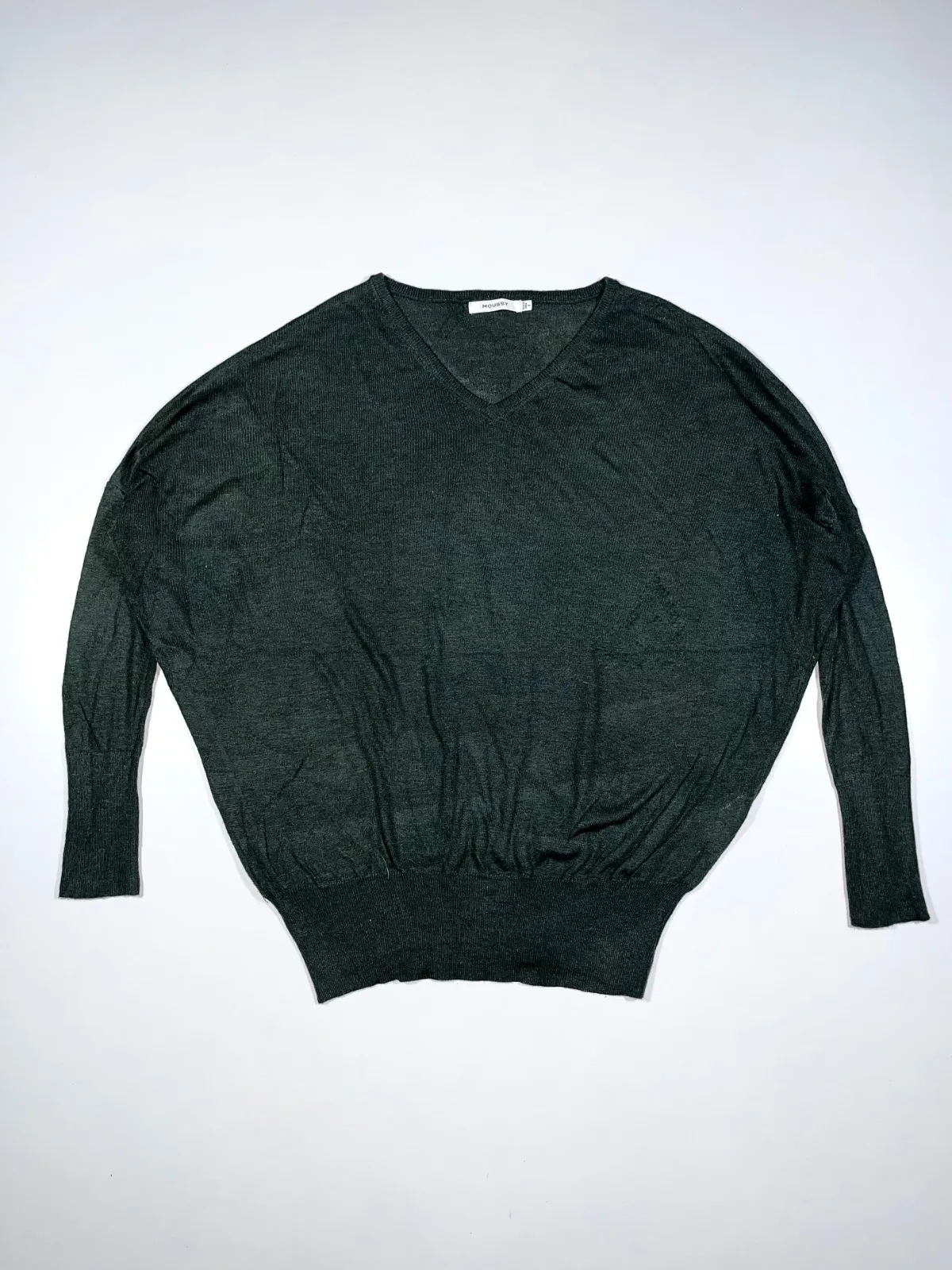 MOUSSY Dark Green V-Neck Knit Oversized Sweater | Japanese Minimalist Style