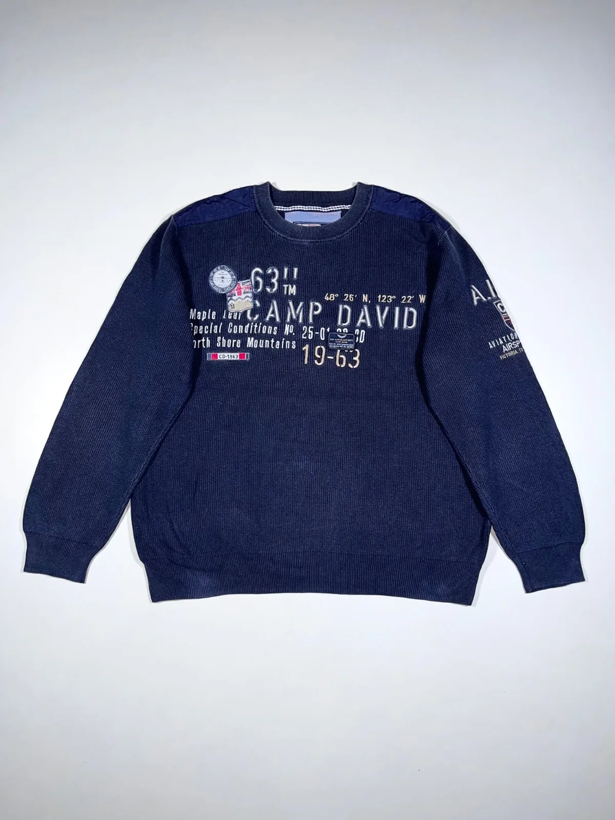 Vintage Camp David Blue Crewneck Knit Sweater – 1963 Aviation Graphic
