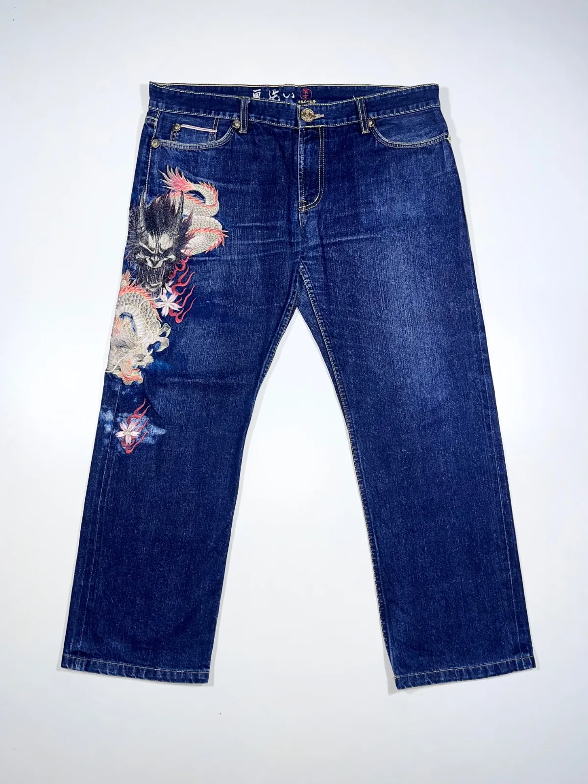 Vintage Japanese Wagara Dragon Embroidery Indigo Denim – Straight Fit