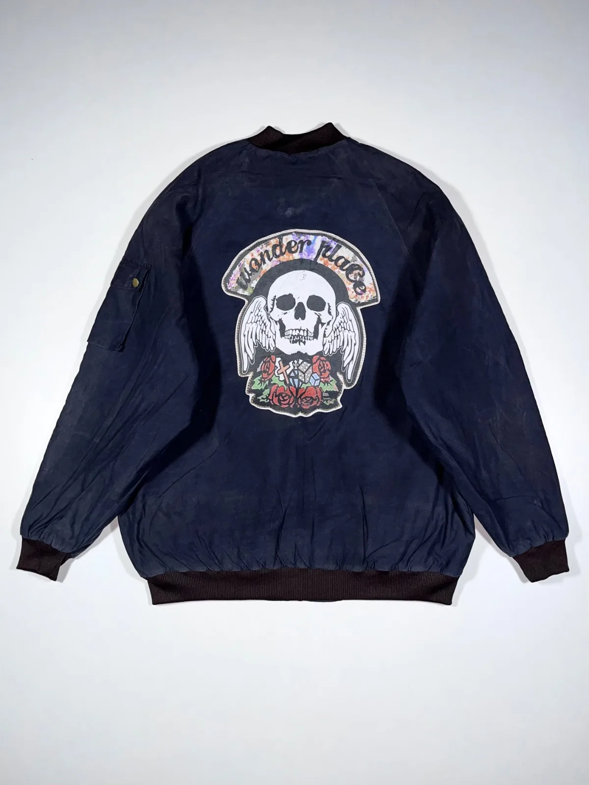 WONDERPLACE Vintage Rock Graphic Bomber Jacket – Black Sabbath Skull Patchwork