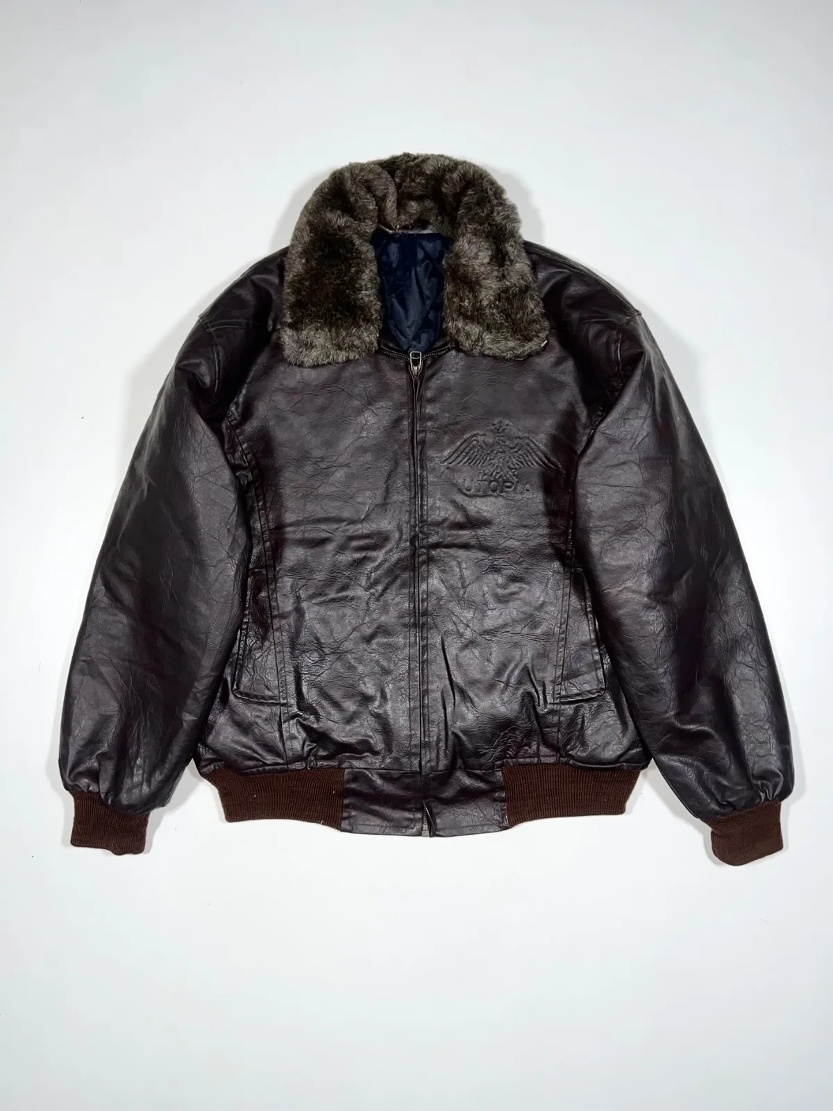 Vintage Oversized Leather Jacket With Collar Fur