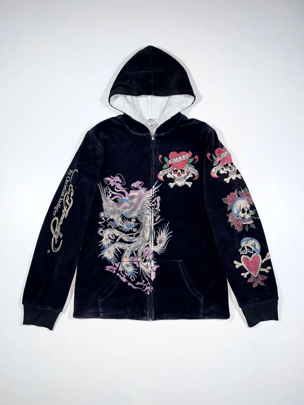 Vintage Ed Hardy Christian Audigier Velour Zip-Up Hoodie – Skull & Dragon Y2K