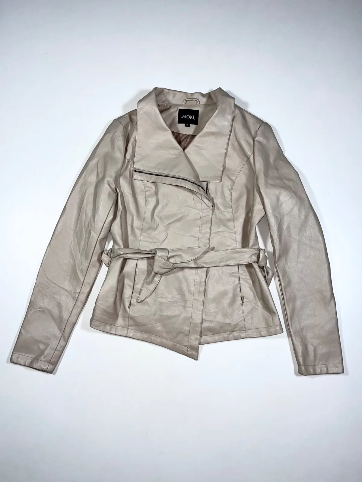 MOKI Women’s Belted Faux Leather Jacket – Cream Asymmetric Zip Moto Style