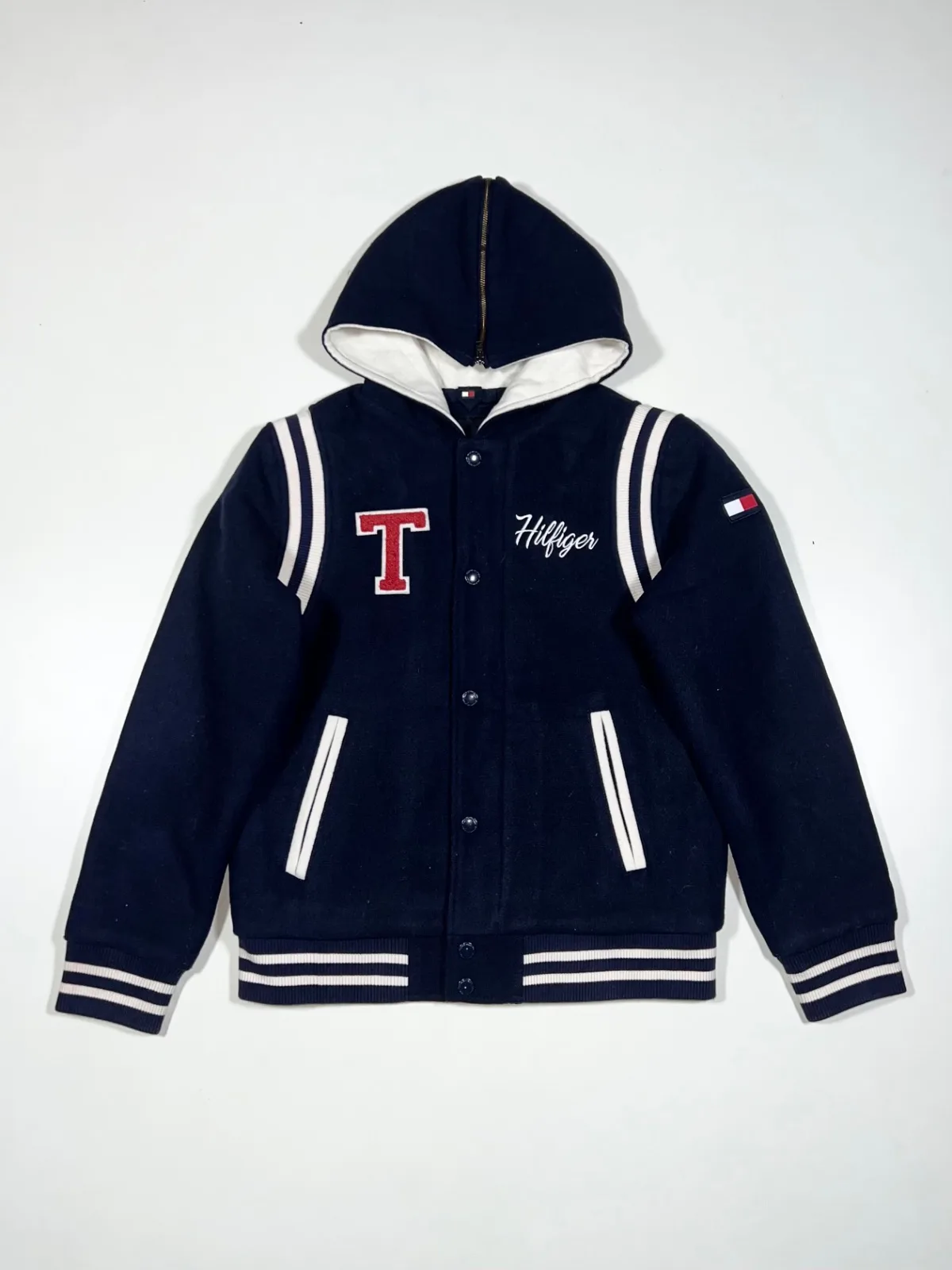Tommy Hilfiger 90s Vintage Hooded Varsity Jacket